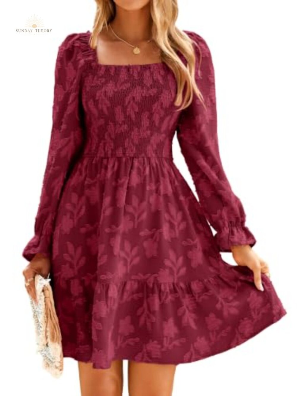 Square Neck Long Sleeve Mini Dress Smocked High Waist Ruffle Fall Wedding Guest